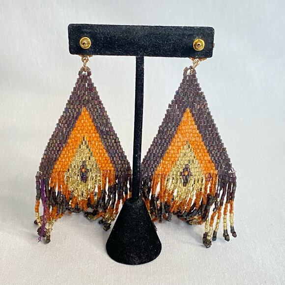 Tribal Oversized Seed Beaded Earrings Posts Chevron Color Black Pattern Fringe - Picture 3 of 9